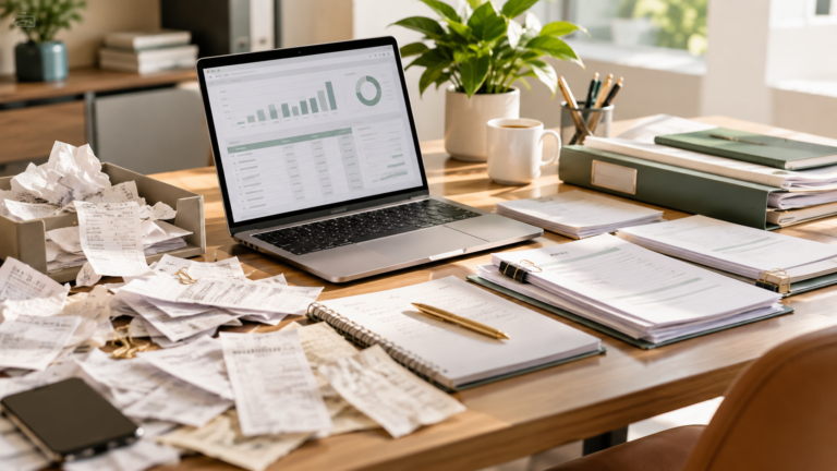 Messy desk with scattered receipts and crumpled papers next to a laptop showing bookkeeping charts and financial reports