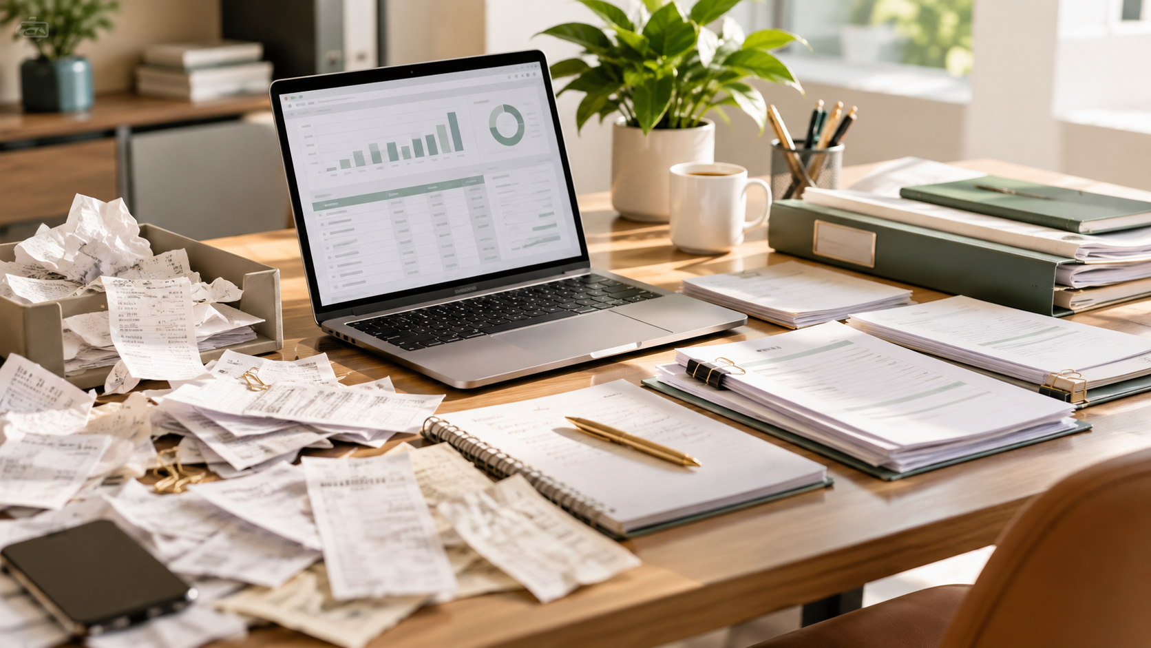 Messy desk with scattered receipts and crumpled papers next to a laptop showing bookkeeping charts and financial reports