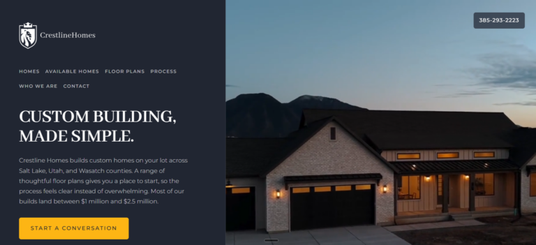 Crestline Homes website homepage showing a custom-built Utah home with a brick exterior and lit windows at dusk, set against mountain views